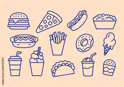 Fotografía Fast Food and Junk Food Doodle Outline Vector Illustration Set