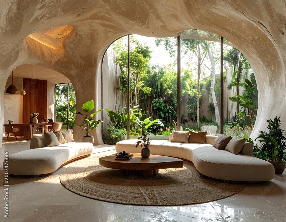 Fototapeta premium Luxurious modern eco friendly interior design featuring curved architecture and lush indoor plants.