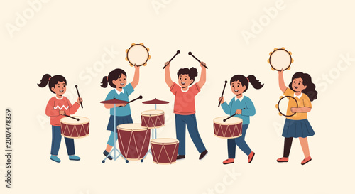 Joyful Group of Children Actively Engaged in Learning and Playing Music Together