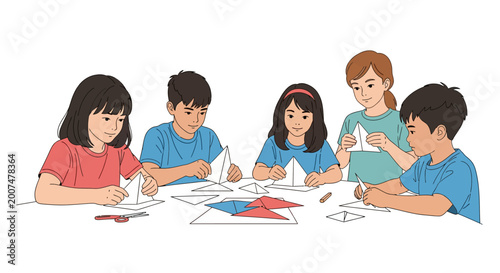 Group of Diverse Children Engaged in Paper Building and Crafting Activity