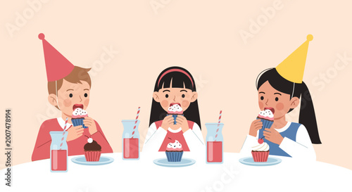 Joyful children happily eating sweet cupcakes together