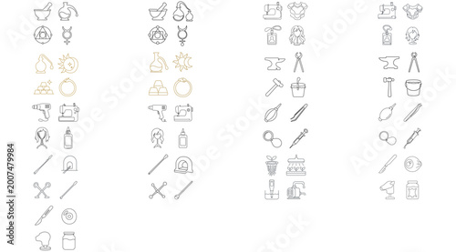 Mega Vector Icon Bundle of 68 Crafts and Restoration Icons with Editable Stroke. Collection featuring Alchemy, Cosplay, Glassblowing, Blacksmithing, Pen Repair, Taxidermy, and Gardening Tools.