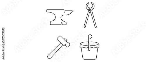 Blacksmithing and Metalworking Tools Vector Icon Set of 4 Icons Featuring Anvil, Forging Tongs, Ball-Peen Hammer, and Quenching Bucket, Minimalist Thin Line Design with Editable Stroke