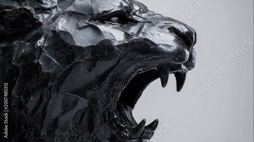 Black stone lion head, open mouth, fierce