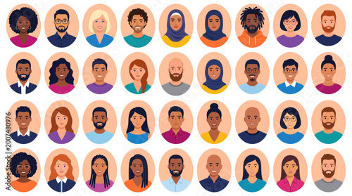 Cuadro en lienzo Diverse people avatar collection showing smiling multicultural faces | Group of