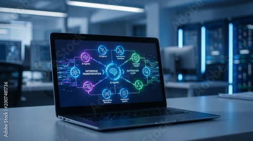 Futuristic Laptop Displaying Data Visualization in Modern Office.