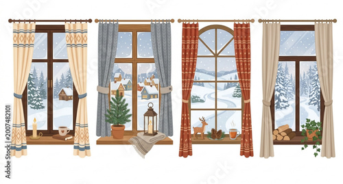 Cuadro en lienzo Winter window set vector cozy hygge snow view illustration home interior isolate