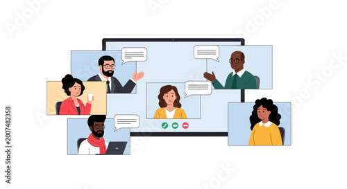Diverse Team Collaborating in Virtual Meeting, Video Conference Communication