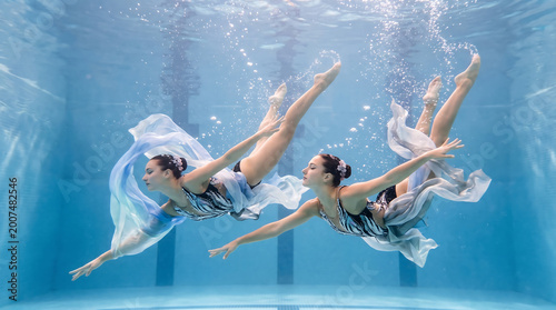 Two synchronized swimmers performing an elegant routine underwater in a clear blue swimming pool with flowing fabric.