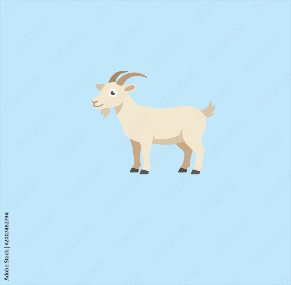 Obraz premium Art & Illustration Flat vector illustration of a walking goat with curved horns on a light blue background. Minimalist cartoon farm animal design, clean and simple, ideal for agriculture, education, a