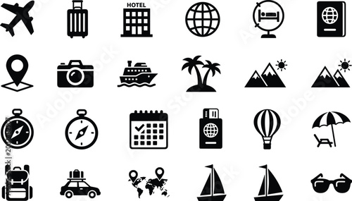 Travel and tourism icons set, black silhouette vector collection with airplane, hotel, luggage, passport, camera, map, vacation symbols, minimal design isolated on white background