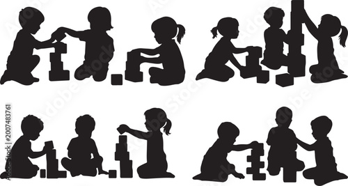 Child Kneeling and Playing with Building Blocks Silhouette, black and white silhouette, vector and illustration