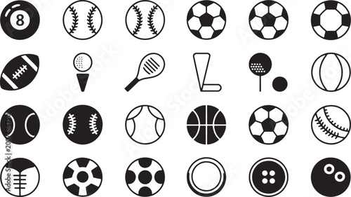 Collection of black and white sport balls and equipment sports pool ball