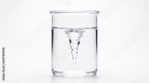 Clear glass laboratory beaker filled with transparent liquid featuring a perfectly formed miniature spinning tornado whirlpool isolated on white background