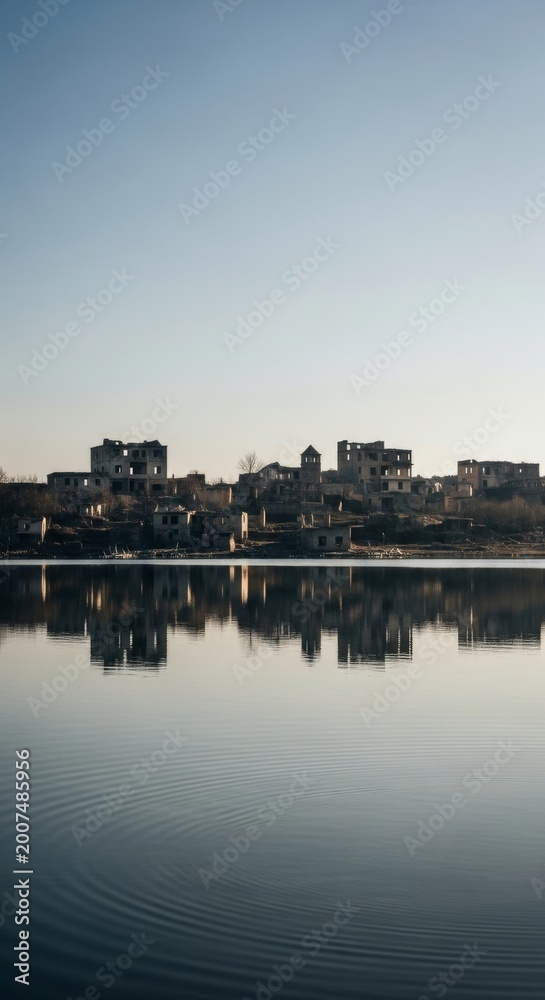 Obraz premium Abandoned Ruins Reflected in Calm Lake Water