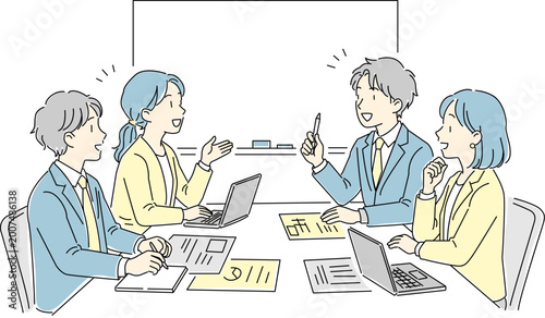 オフィスで会議や打ち合わせをする男女4人のビジネスパーソンの線画イラスト トライカラー