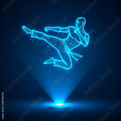 Martial arts fighter in jumping kick pose as blue wireframe mesh