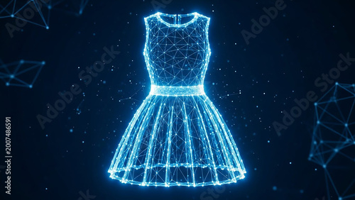 Elegant dress silhouette in blue digital wireframe mesh style