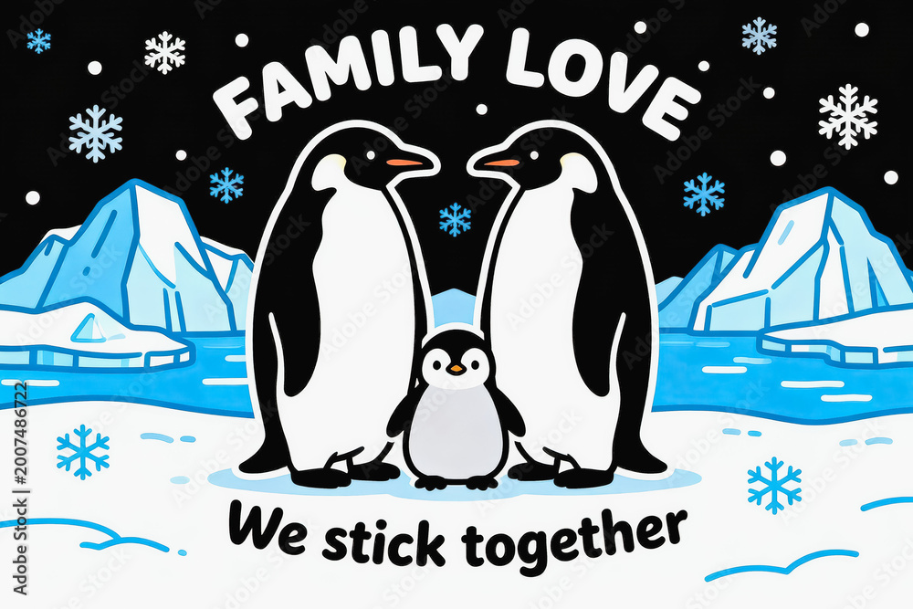 Obraz premium This cartoon illustration shows a penguin family standing on arctic ice, with a loving warm family theme and winter snowfall background.