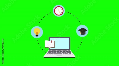 E-learning and Online Education Animation with Laptop, Book, Clock, and Lightbulb on Green Screen - Knowledge and Time Management