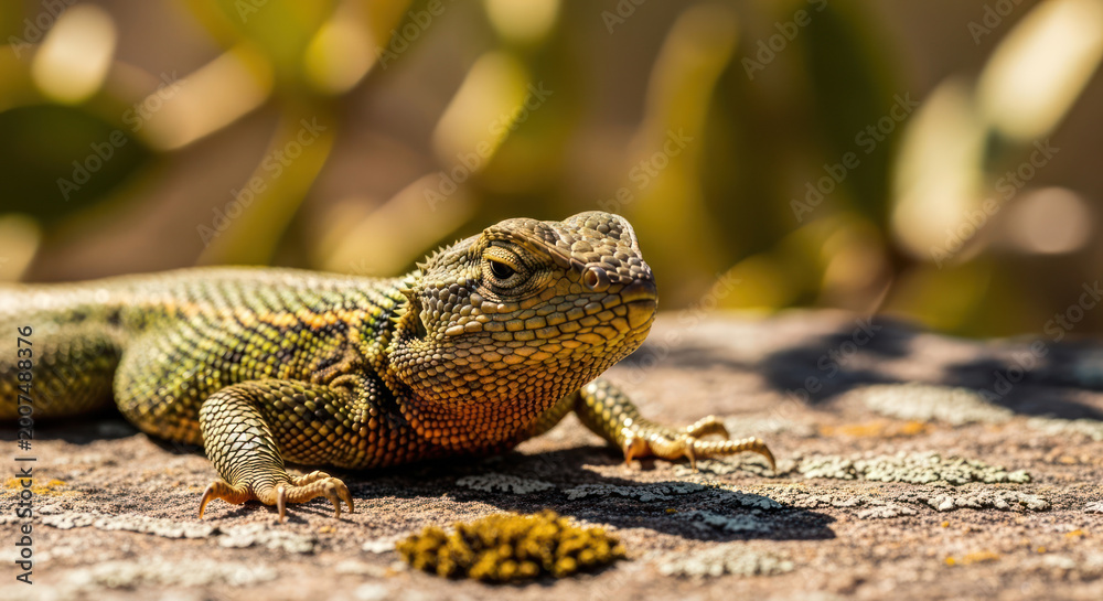 Fototapeta premium Close up of a Lizard Baski Wild Green Reptile in the Sun