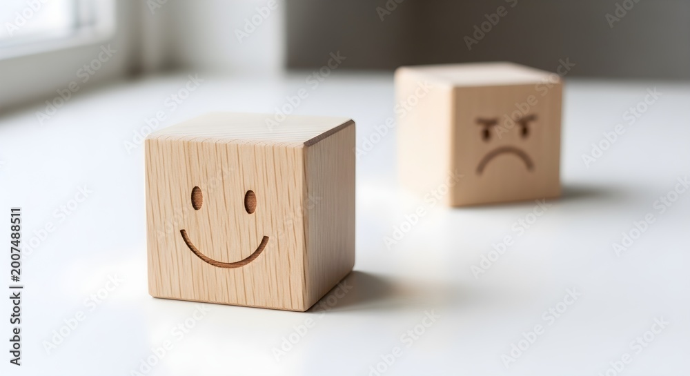 Obraz premium Two Wooden Blocks Displaying Opposing Emotions Happiness and Anger