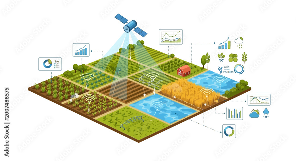 Fototapeta premium Smart Farming Technology: Satellite Monitoring Precision Agriculture Field Data Analysis