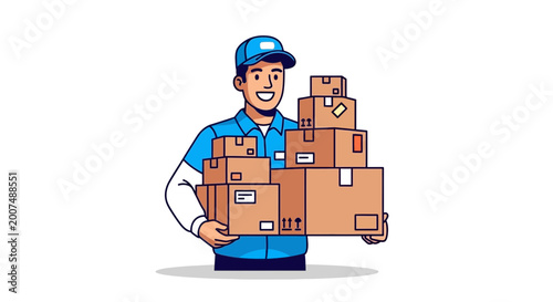 Delivery man holding stack of cardboard boxes, logistics and shipping concept