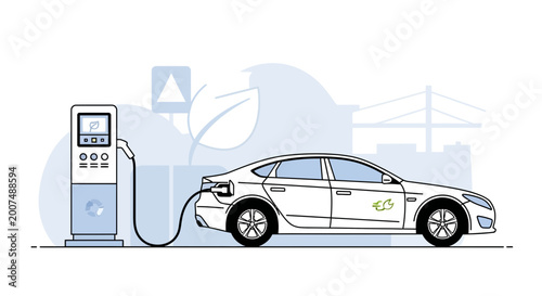 Foto Electric car charging at modern station with city skyline background, clean ener