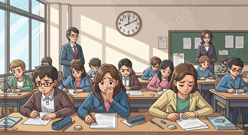 Tableau sur toile Stressed students taking exam in classroom with teachers supervising