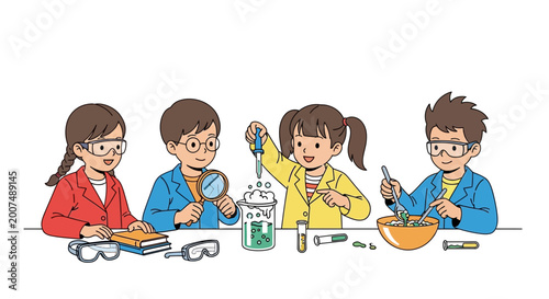 Fotografie Children conducting science experiment, learning chemistry in classroom with protective gear