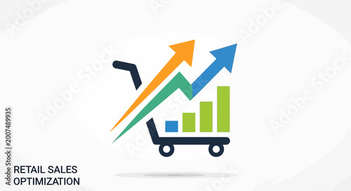 Shopping cart with upward arrows and bar graph illustrating retail sales growth