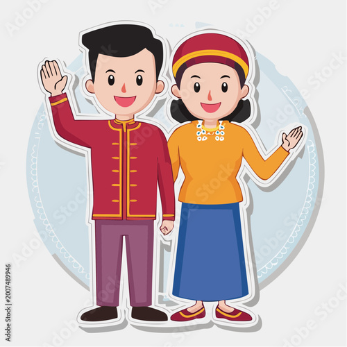 Cartoon Couple in Traditional Attire Waving