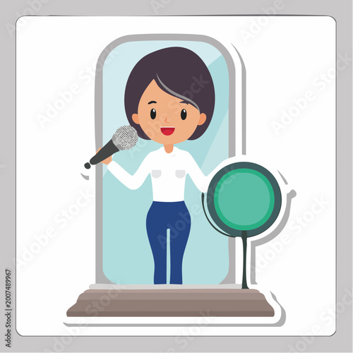 Cartoon Woman Speaking into Microphone on Stage
