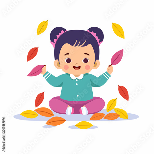 Child playing with autumn leaves