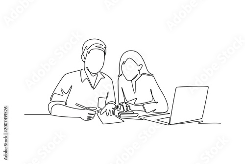 couples are calculating their expenses with a calculator. working family concept. Single line draw design. Vector graphic illustration