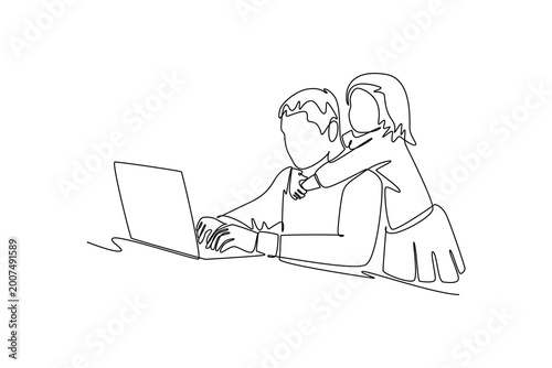 Man works on laptop with children playing around. working family concept. Single line draw design. Vector graphic illustration