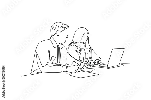 man and woman paying bills online at home. working family concept. Single line draw design. Vector graphic illustration