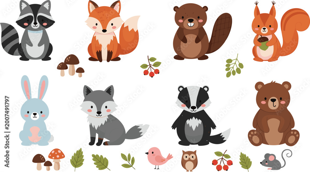 Fototapeta premium Cute Forest Animals with Foliage and Mushrooms