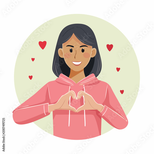 Woman Making Heart Shape with Hands and Hearts Around