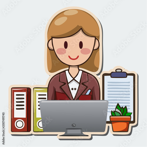 Cartoon businesswoman working at a desk with computer and files