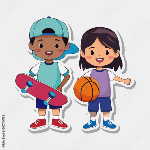 Children with Skateboard and Basketball