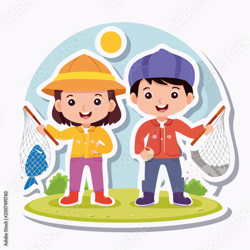 Children Fishing with Nets and Catch