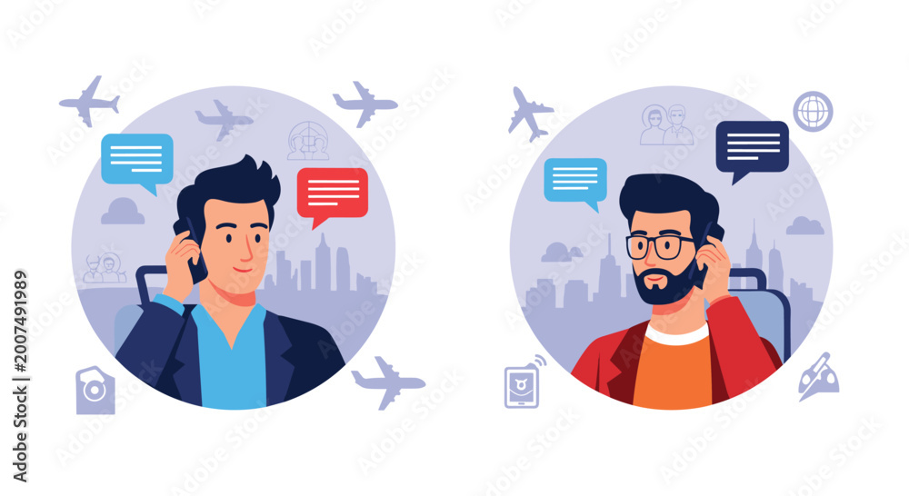 Fototapeta premium Two men having phone conversations with travel related icons like airplanes and cityscapes in circular blue background frames.