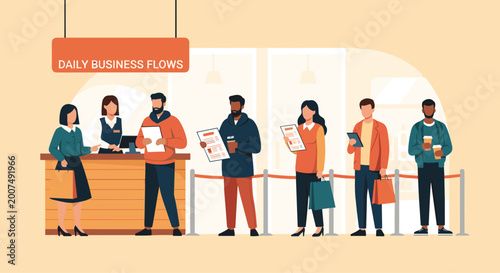 Customers waiting in a organized queue at a service desk labeled daily business flows in a modern professional office setting.