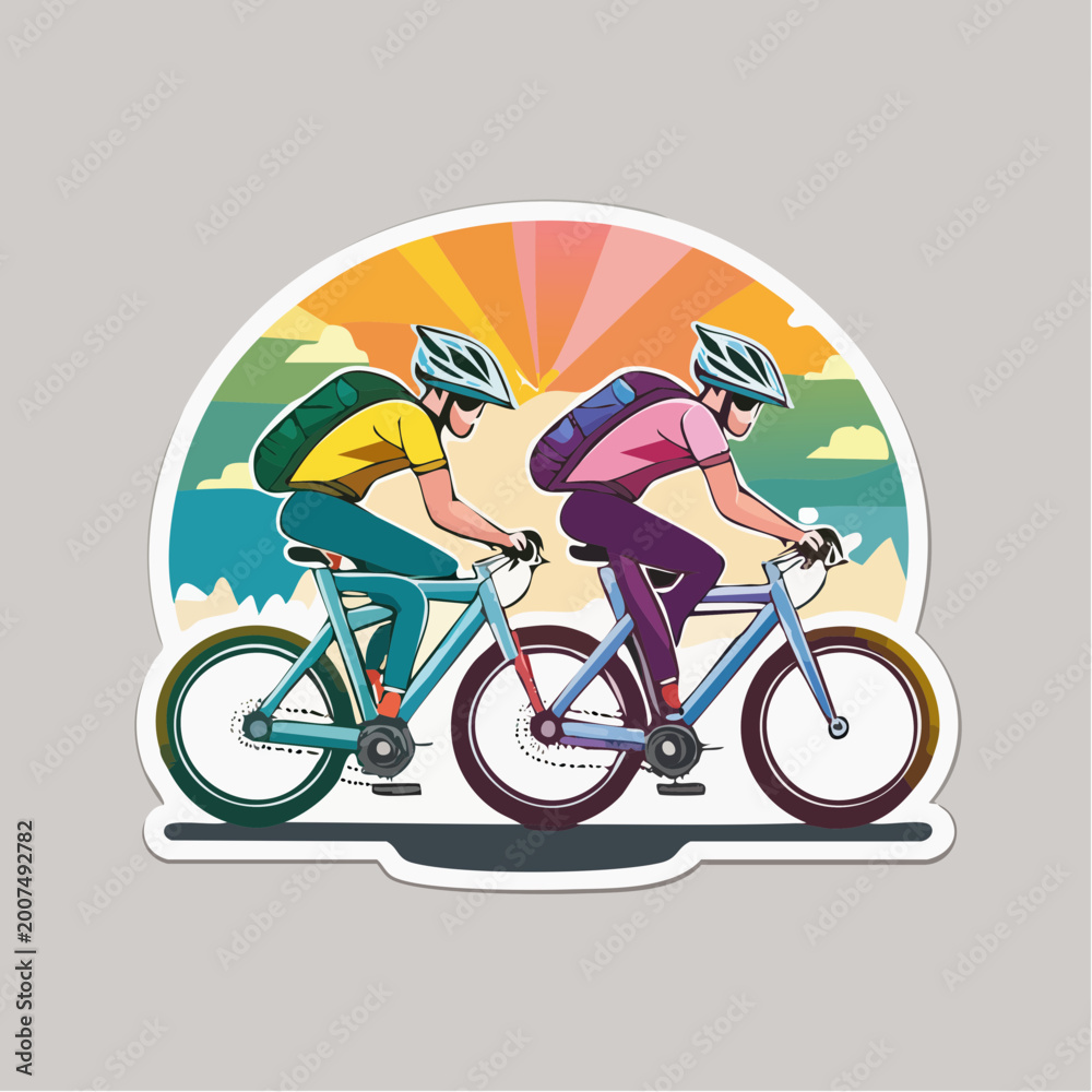 Fototapeta premium Two people cycling with backpacks against a sunset background