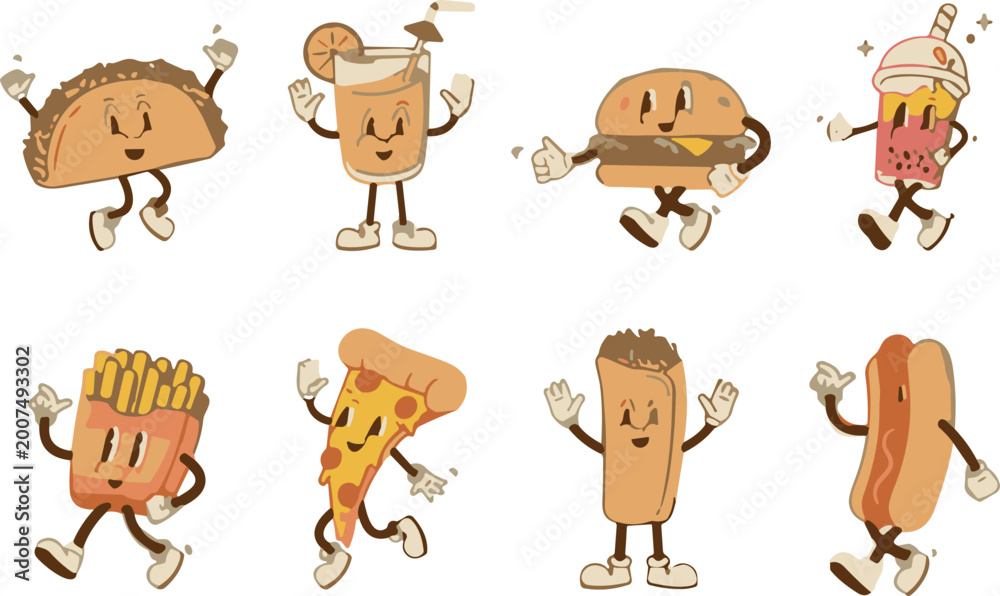 Fototapeta premium Cute Food Character Collection Featuring Taco, Pizza, Fries, Ice Cream, and Hot Dog for Kids’ Illustrations and Fun Food Designs