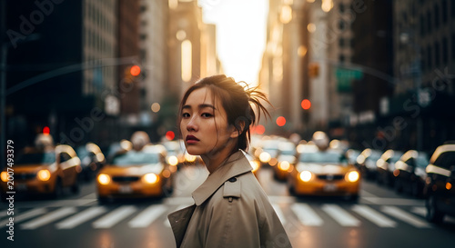 Woman crossing street with traffic sunlight and blurred background