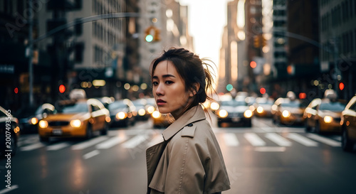 Woman crossing busy city street with traffic and sunlight