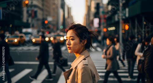 Woman crossing street during golden hour with city traffic blurred background